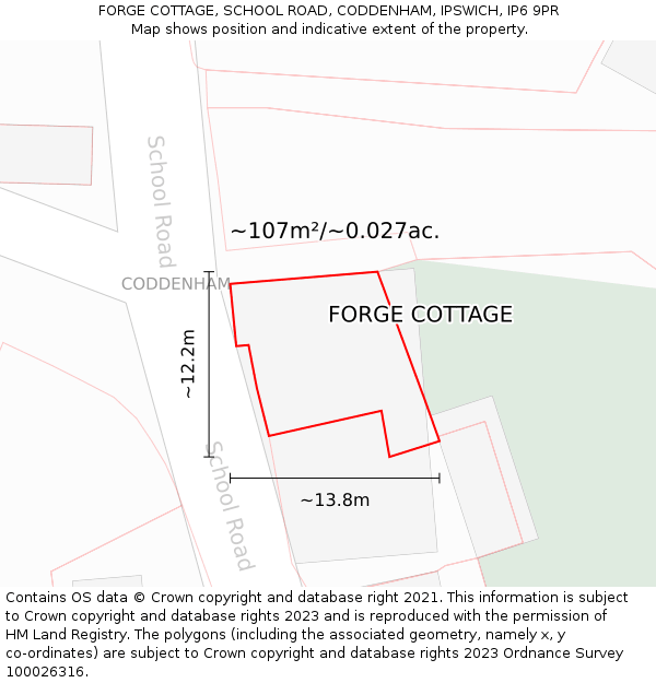 FORGE COTTAGE, SCHOOL ROAD, CODDENHAM, IPSWICH, IP6 9PR: Plot and title map