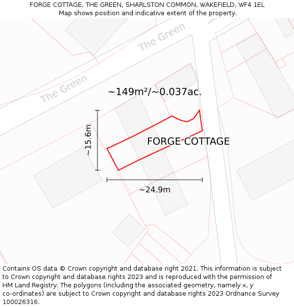 FORGE COTTAGE, THE GREEN, SHARLSTON COMMON, WAKEFIELD, WF4 1EL: Plot and title map