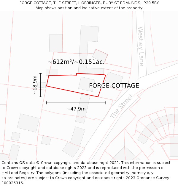FORGE COTTAGE, THE STREET, HORRINGER, BURY ST EDMUNDS, IP29 5RY: Plot and title map