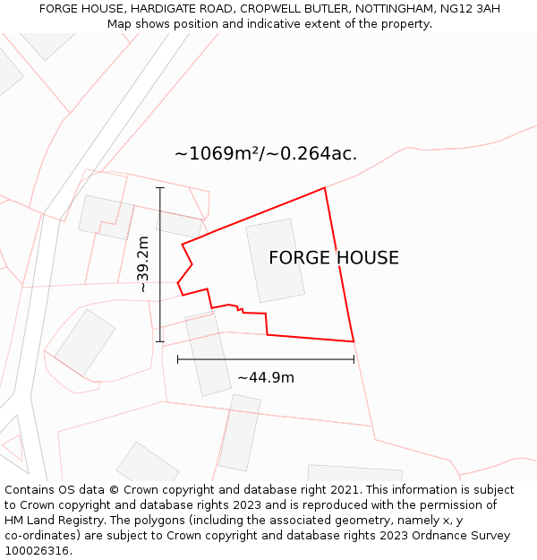 FORGE HOUSE, HARDIGATE ROAD, CROPWELL BUTLER, NOTTINGHAM, NG12 3AH: Plot and title map