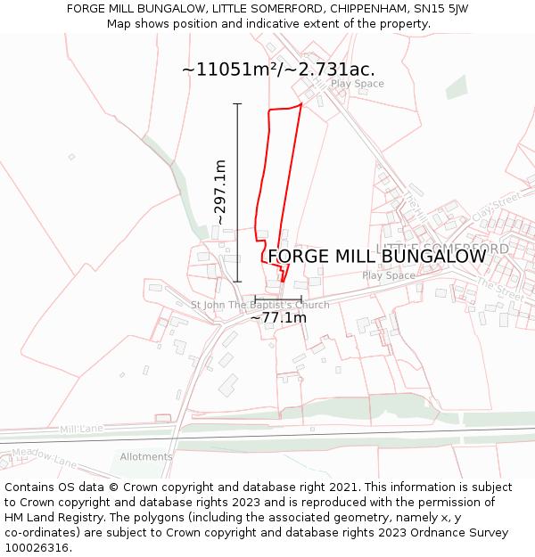 FORGE MILL BUNGALOW, LITTLE SOMERFORD, CHIPPENHAM, SN15 5JW: Plot and title map