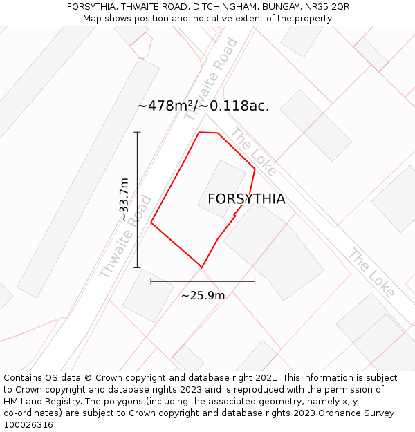 FORSYTHIA, THWAITE ROAD, DITCHINGHAM, BUNGAY, NR35 2QR: Plot and title map