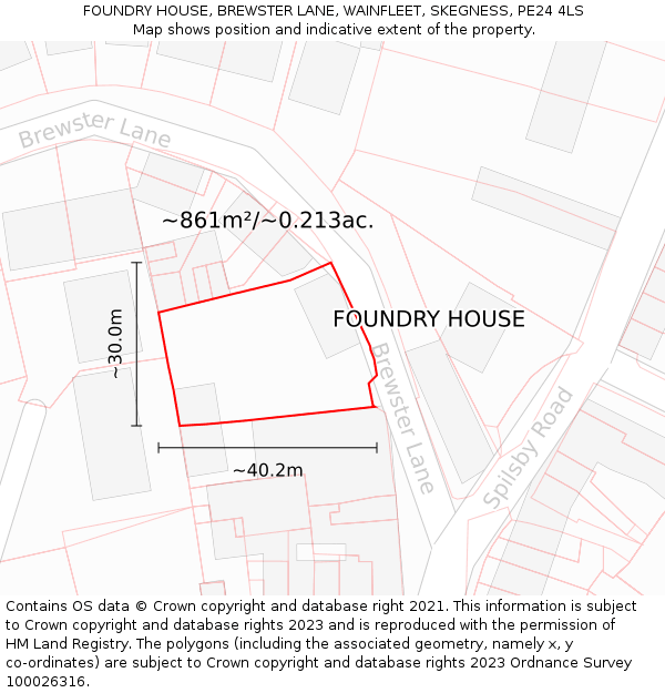 FOUNDRY HOUSE, BREWSTER LANE, WAINFLEET, SKEGNESS, PE24 4LS: Plot and title map