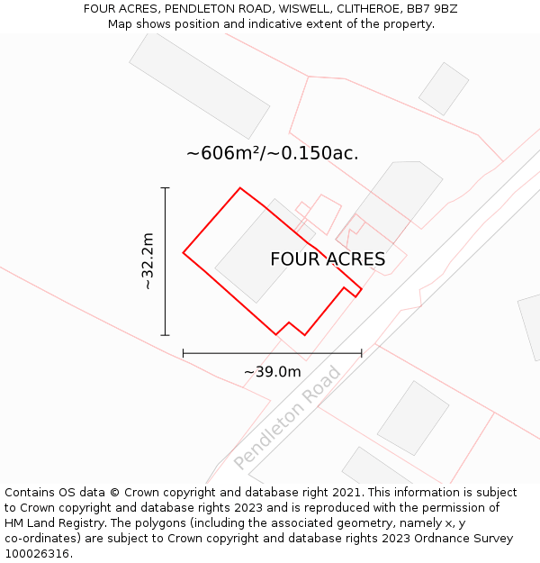 FOUR ACRES, PENDLETON ROAD, WISWELL, CLITHEROE, BB7 9BZ: Plot and title map