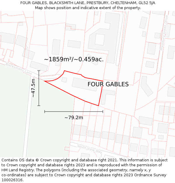 FOUR GABLES, BLACKSMITH LANE, PRESTBURY, CHELTENHAM, GL52 5JA: Plot and title map