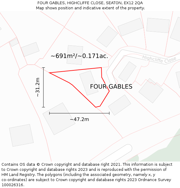FOUR GABLES, HIGHCLIFFE CLOSE, SEATON, EX12 2QA: Plot and title map