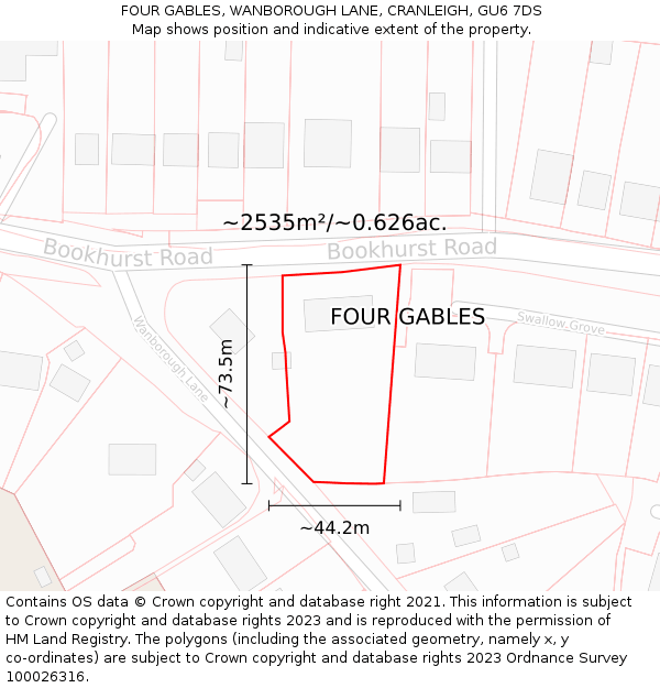 FOUR GABLES, WANBOROUGH LANE, CRANLEIGH, GU6 7DS: Plot and title map