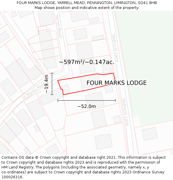 FOUR MARKS LODGE, YARRELL MEAD, PENNINGTON, LYMINGTON, SO41 8HB: Plot and title map