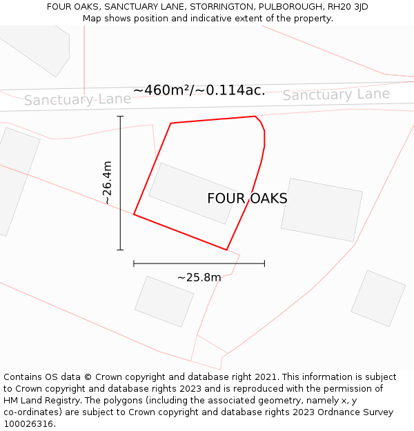 FOUR OAKS, SANCTUARY LANE, STORRINGTON, PULBOROUGH, RH20 3JD: Plot and title map
