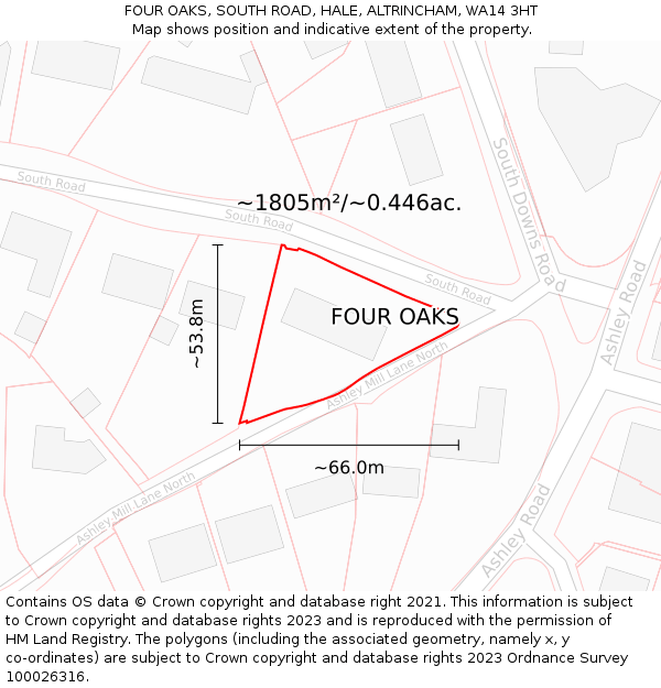 FOUR OAKS, SOUTH ROAD, HALE, ALTRINCHAM, WA14 3HT: Plot and title map