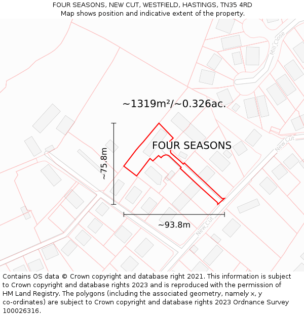 FOUR SEASONS, NEW CUT, WESTFIELD, HASTINGS, TN35 4RD: Plot and title map