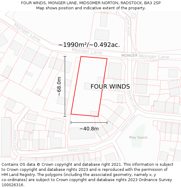 FOUR WINDS, MONGER LANE, MIDSOMER NORTON, RADSTOCK, BA3 2SP: Plot and title map