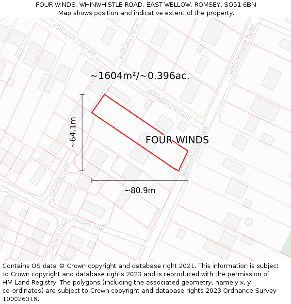 FOUR WINDS, WHINWHISTLE ROAD, EAST WELLOW, ROMSEY, SO51 6BN: Plot and title map