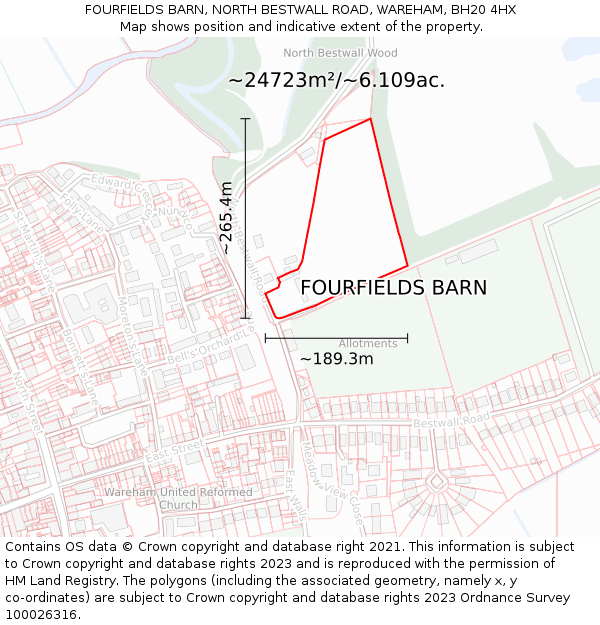 FOURFIELDS BARN, NORTH BESTWALL ROAD, WAREHAM, BH20 4HX: Plot and title map