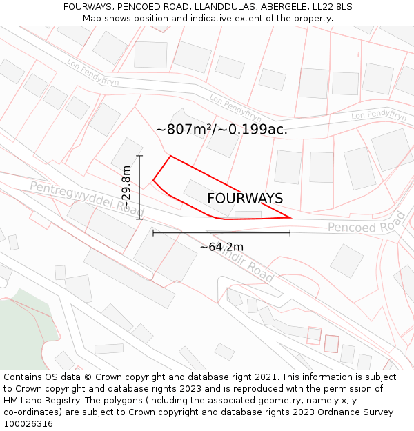 FOURWAYS, PENCOED ROAD, LLANDDULAS, ABERGELE, LL22 8LS: Plot and title map