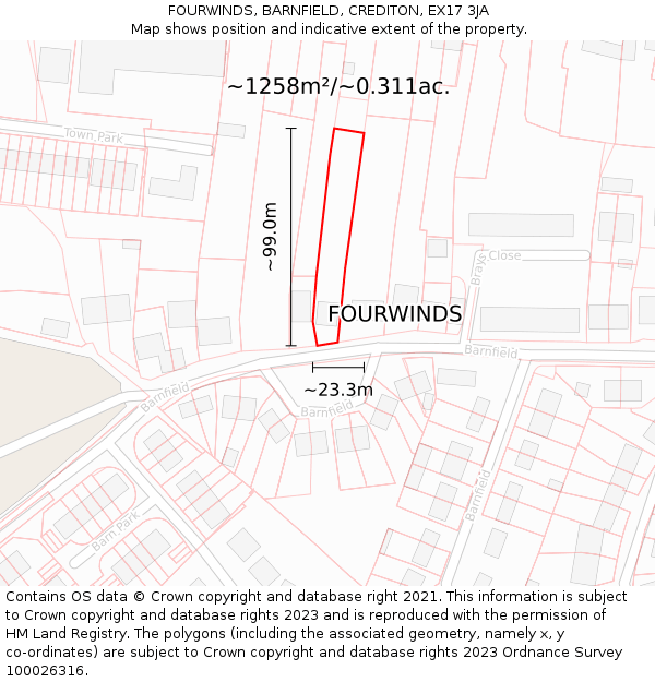 FOURWINDS, BARNFIELD, CREDITON, EX17 3JA: Plot and title map