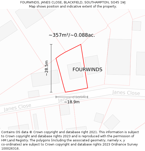FOURWINDS, JANES CLOSE, BLACKFIELD, SOUTHAMPTON, SO45 1WJ: Plot and title map