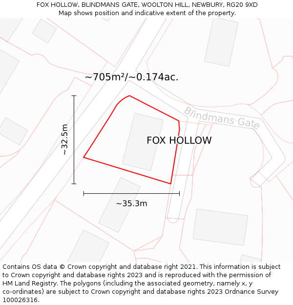 FOX HOLLOW, BLINDMANS GATE, WOOLTON HILL, NEWBURY, RG20 9XD: Plot and title map
