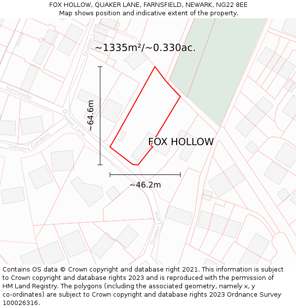 FOX HOLLOW, QUAKER LANE, FARNSFIELD, NEWARK, NG22 8EE: Plot and title map