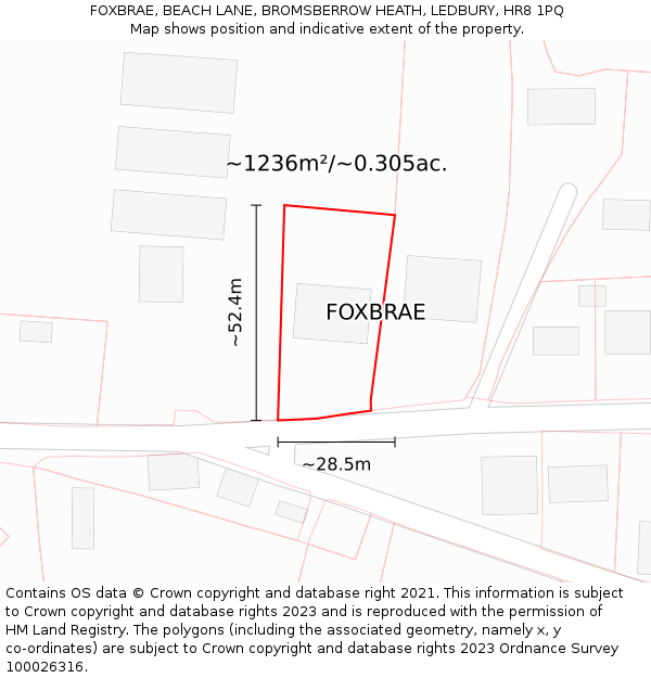 FOXBRAE, BEACH LANE, BROMSBERROW HEATH, LEDBURY, HR8 1PQ: Plot and title map