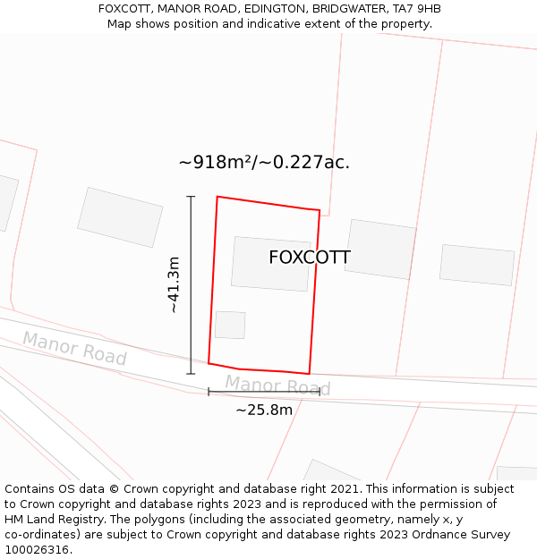 FOXCOTT, MANOR ROAD, EDINGTON, BRIDGWATER, TA7 9HB: Plot and title map