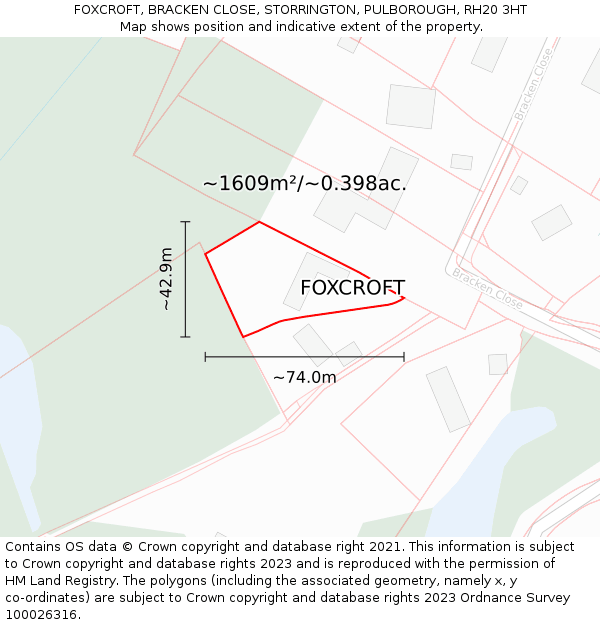 FOXCROFT, BRACKEN CLOSE, STORRINGTON, PULBOROUGH, RH20 3HT: Plot and title map