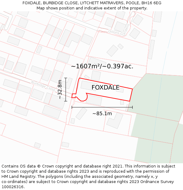 FOXDALE, BURBIDGE CLOSE, LYTCHETT MATRAVERS, POOLE, BH16 6EG: Plot and title map