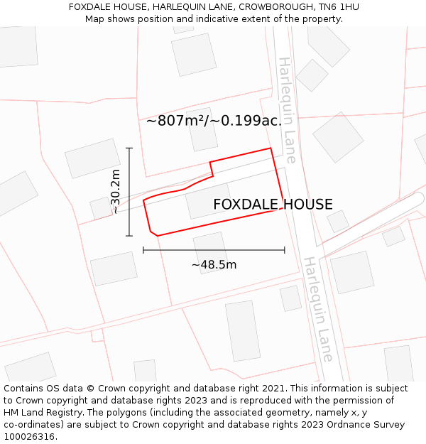 FOXDALE HOUSE, HARLEQUIN LANE, CROWBOROUGH, TN6 1HU: Plot and title map