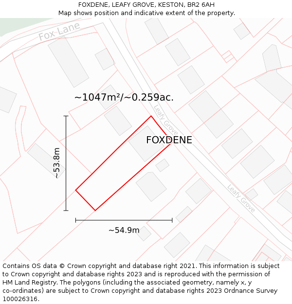 FOXDENE, LEAFY GROVE, KESTON, BR2 6AH: Plot and title map