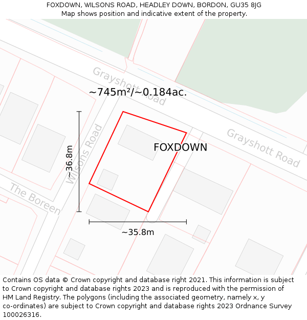 FOXDOWN, WILSONS ROAD, HEADLEY DOWN, BORDON, GU35 8JG: Plot and title map