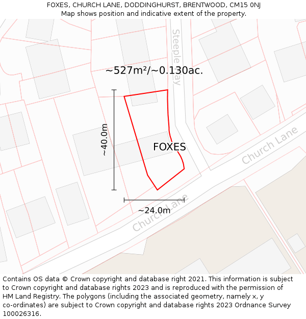 FOXES, CHURCH LANE, DODDINGHURST, BRENTWOOD, CM15 0NJ: Plot and title map