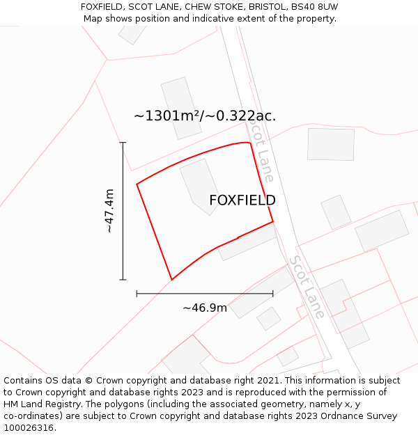 FOXFIELD, SCOT LANE, CHEW STOKE, BRISTOL, BS40 8UW: Plot and title map