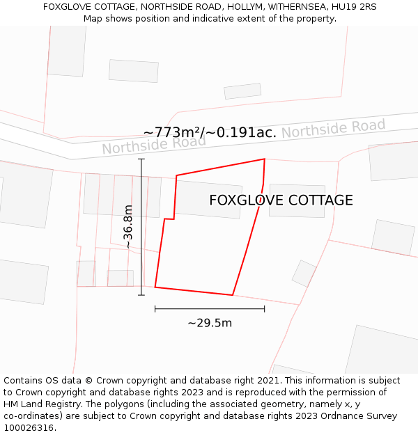 FOXGLOVE COTTAGE, NORTHSIDE ROAD, HOLLYM, WITHERNSEA, HU19 2RS: Plot and title map