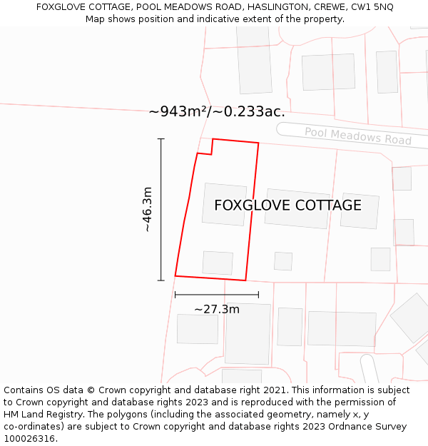 FOXGLOVE COTTAGE, POOL MEADOWS ROAD, HASLINGTON, CREWE, CW1 5NQ: Plot and title map