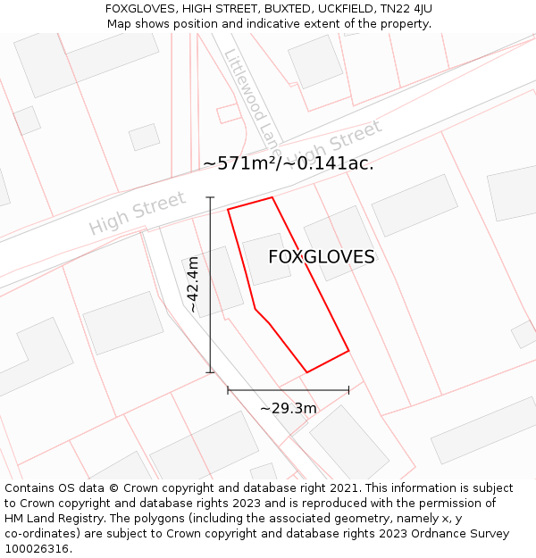 FOXGLOVES, HIGH STREET, BUXTED, UCKFIELD, TN22 4JU: Plot and title map