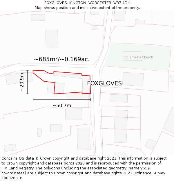 FOXGLOVES, KINGTON, WORCESTER, WR7 4DH: Plot and title map