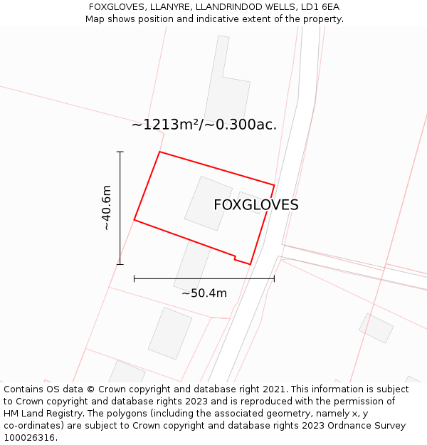 FOXGLOVES, LLANYRE, LLANDRINDOD WELLS, LD1 6EA: Plot and title map