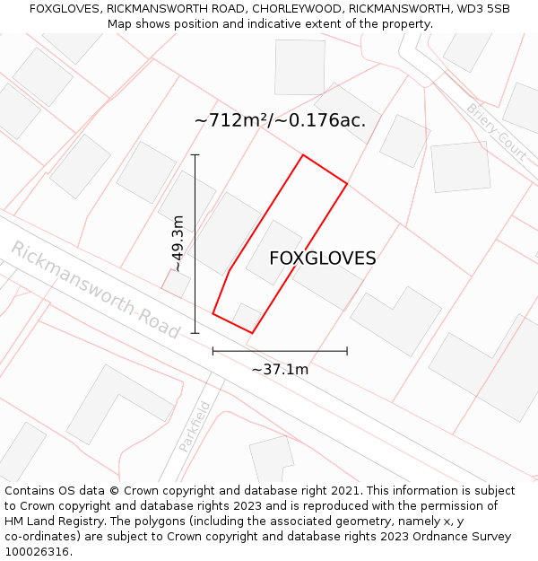 FOXGLOVES, RICKMANSWORTH ROAD, CHORLEYWOOD, RICKMANSWORTH, WD3 5SB: Plot and title map