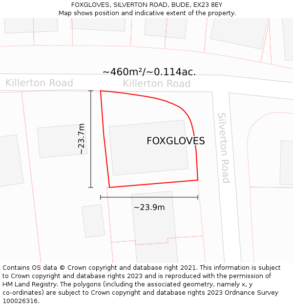 FOXGLOVES, SILVERTON ROAD, BUDE, EX23 8EY: Plot and title map