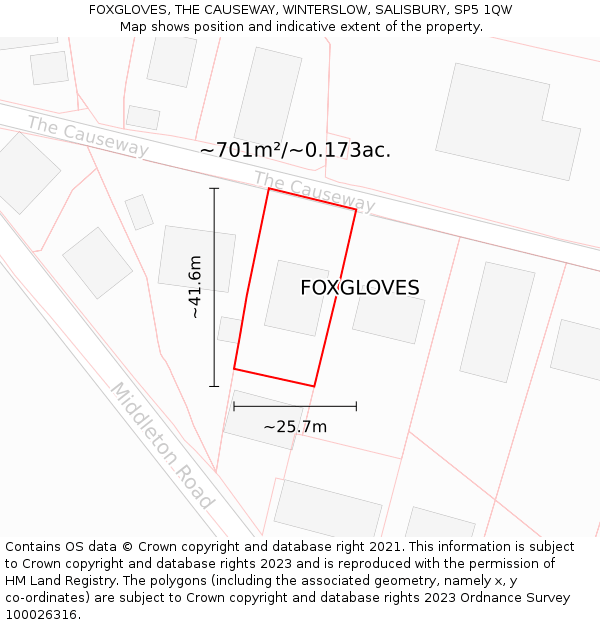 FOXGLOVES, THE CAUSEWAY, WINTERSLOW, SALISBURY, SP5 1QW: Plot and title map