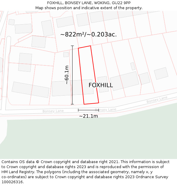 FOXHILL, BONSEY LANE, WOKING, GU22 9PP: Plot and title map