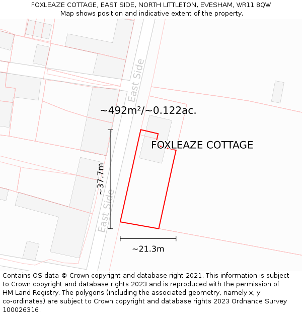 FOXLEAZE COTTAGE, EAST SIDE, NORTH LITTLETON, EVESHAM, WR11 8QW: Plot and title map