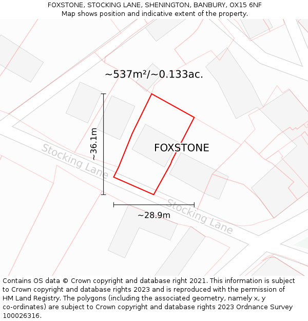 FOXSTONE, STOCKING LANE, SHENINGTON, BANBURY, OX15 6NF: Plot and title map