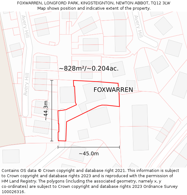 FOXWARREN, LONGFORD PARK, KINGSTEIGNTON, NEWTON ABBOT, TQ12 3LW: Plot and title map