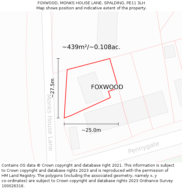 FOXWOOD, MONKS HOUSE LANE, SPALDING, PE11 3LH: Plot and title map
