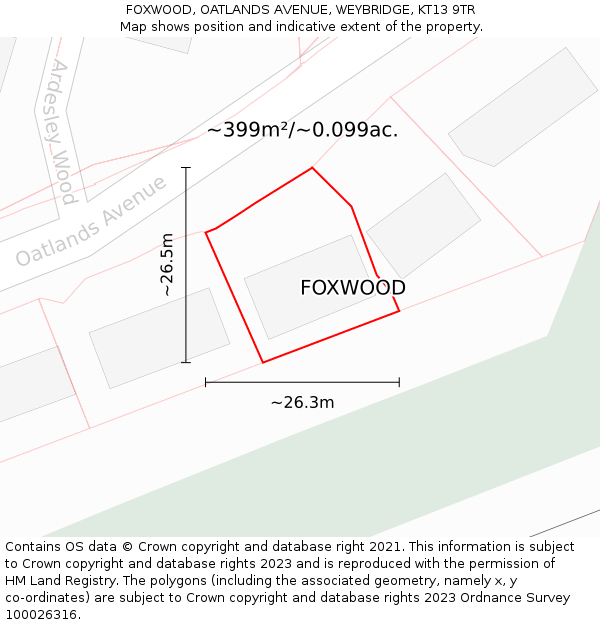 FOXWOOD, OATLANDS AVENUE, WEYBRIDGE, KT13 9TR: Plot and title map