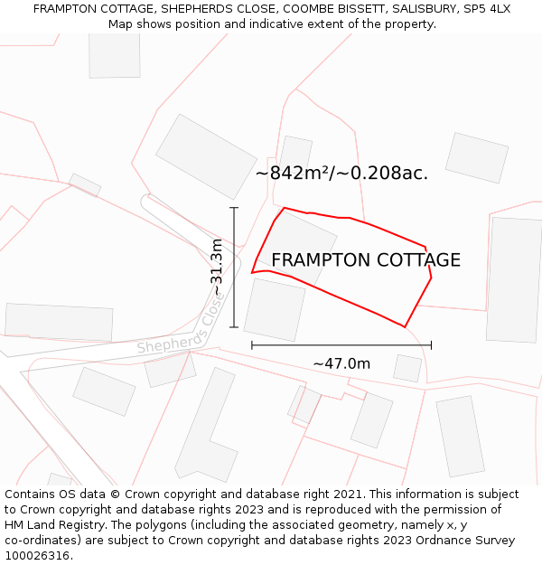 FRAMPTON COTTAGE, SHEPHERDS CLOSE, COOMBE BISSETT, SALISBURY, SP5 4LX: Plot and title map