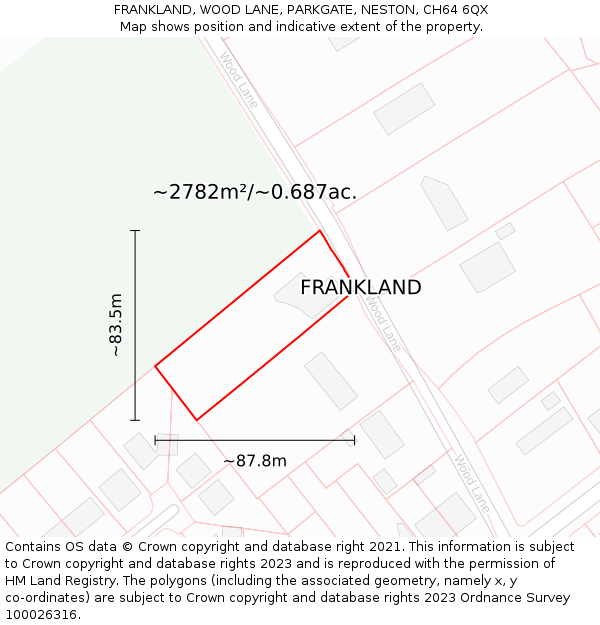 FRANKLAND, WOOD LANE, PARKGATE, NESTON, CH64 6QX: Plot and title map
