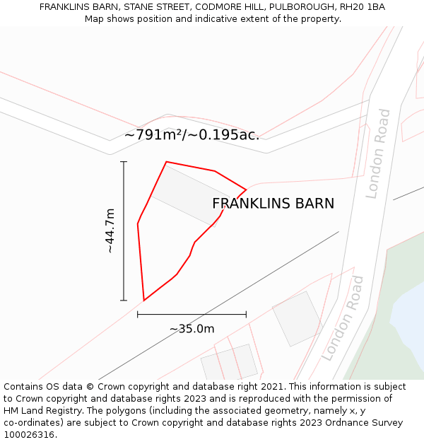 FRANKLINS BARN, STANE STREET, CODMORE HILL, PULBOROUGH, RH20 1BA: Plot and title map