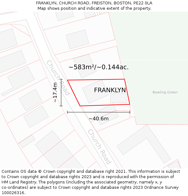 FRANKLYN, CHURCH ROAD, FREISTON, BOSTON, PE22 0LA: Plot and title map